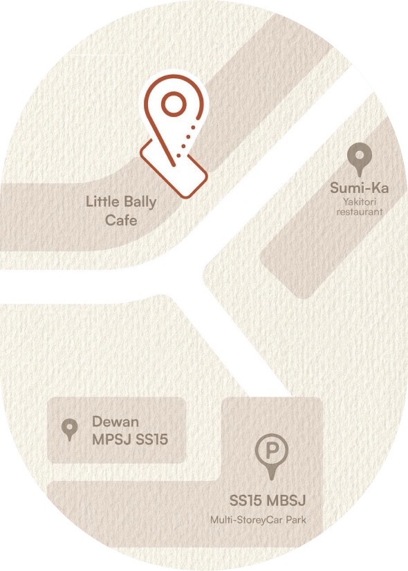 Stylized map of the location of Fine Dentistry Dental Clinic in SS15, located next to Little Bally Cafe.
